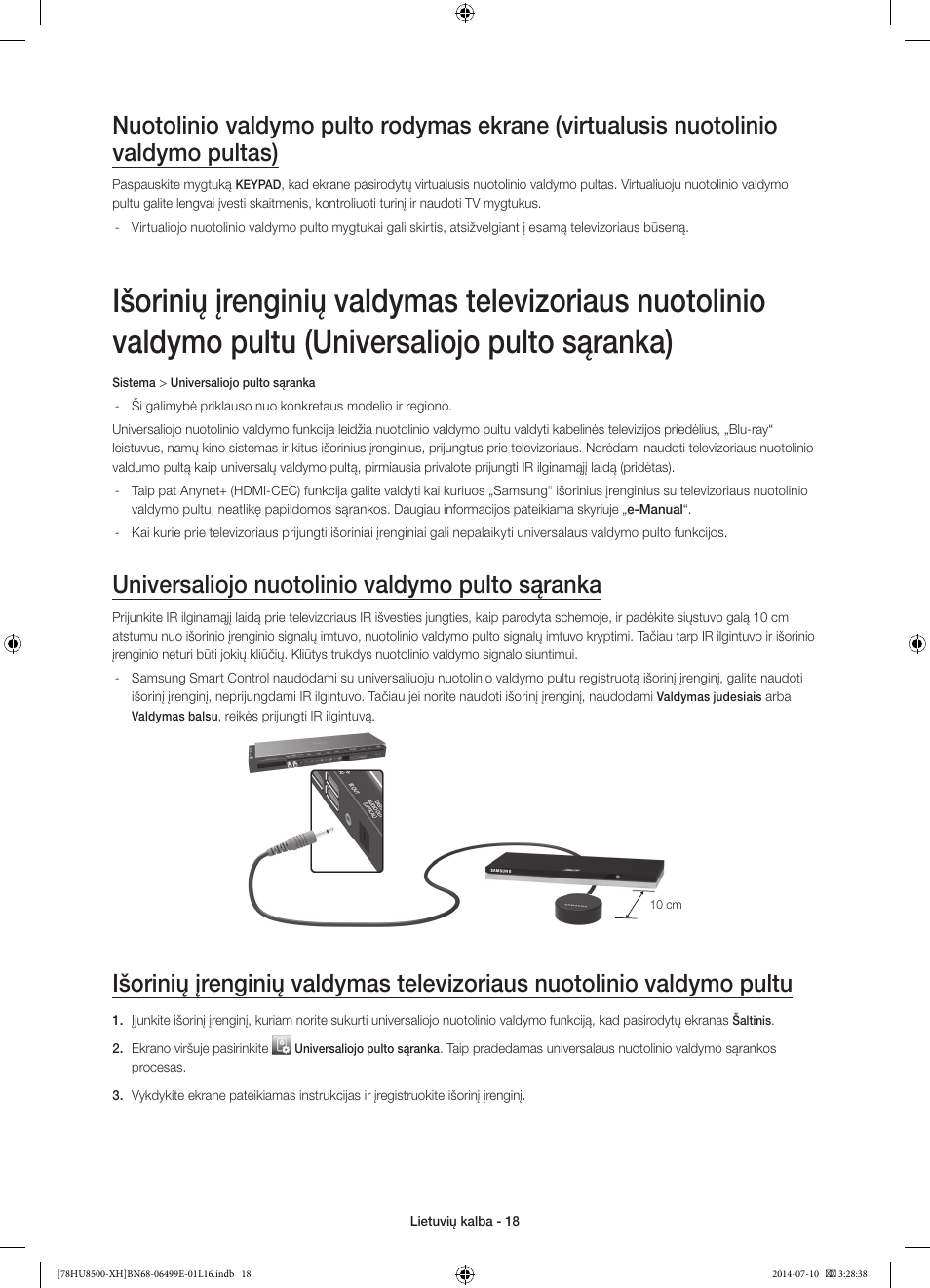 Universaliojo nuotolinio valdymo pulto sąranka | Samsung UE78HU8500T User Manual | Page 354 / 385