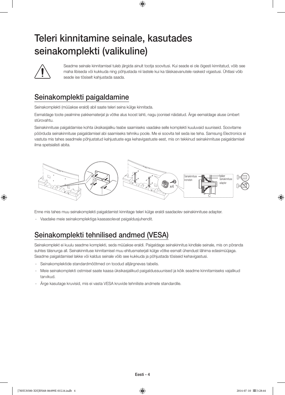 Seinakomplekti paigaldamine, Seinakomplekti tehnilised andmed (vesa) | Samsung UE78HU8500T User Manual | Page 364 / 385