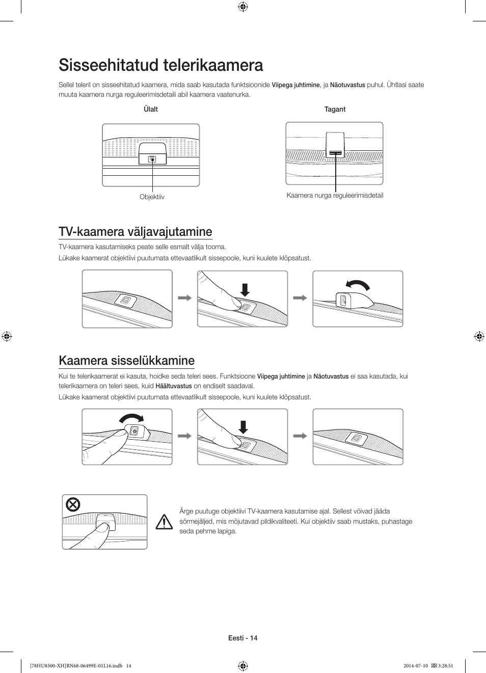 Sisseehitatud telerikaamera, Tv-kaamera väljavajutamine, Kaamera sisselükkamine | 경고 주의 경고 주의 | Samsung UE78HU8500T User Manual | Page 374 / 385