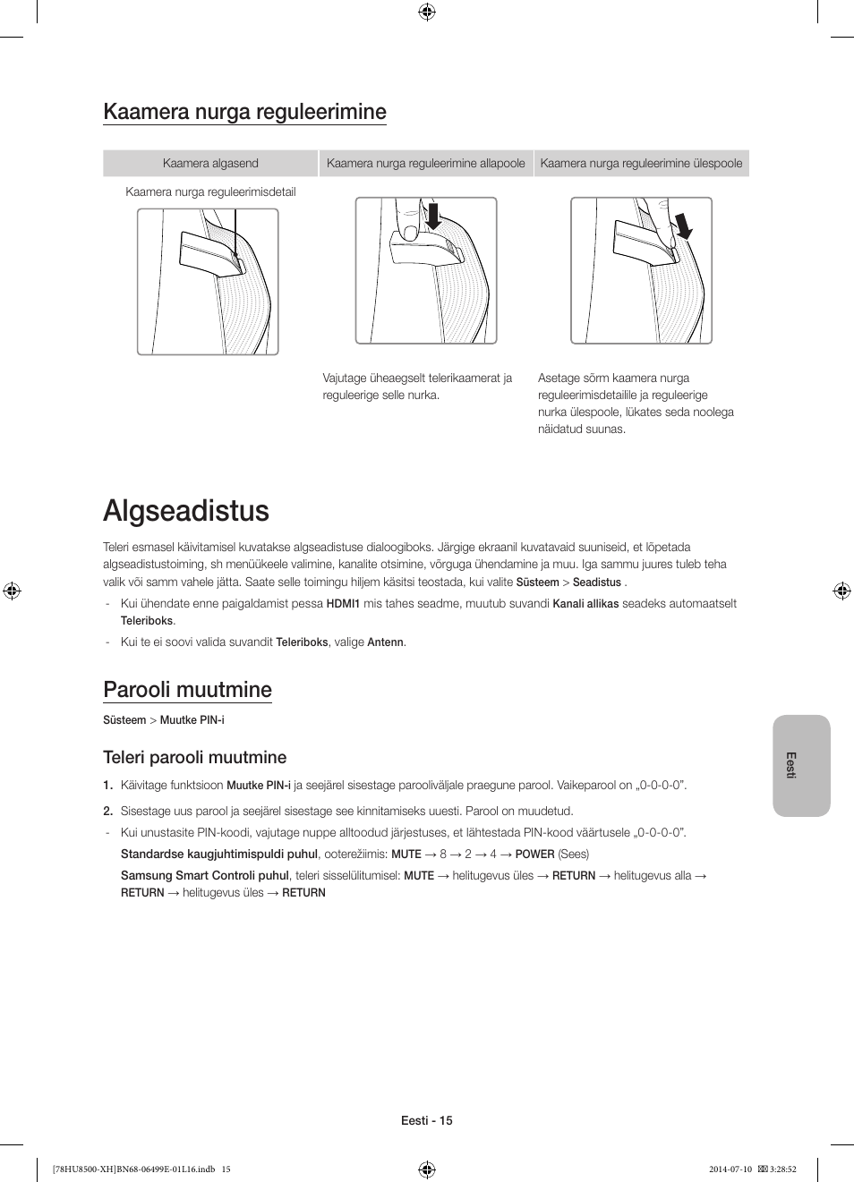 Algseadistus, Kaamera nurga reguleerimine, Parooli muutmine | Teleri parooli muutmine | Samsung UE78HU8500T User Manual | Page 375 / 385