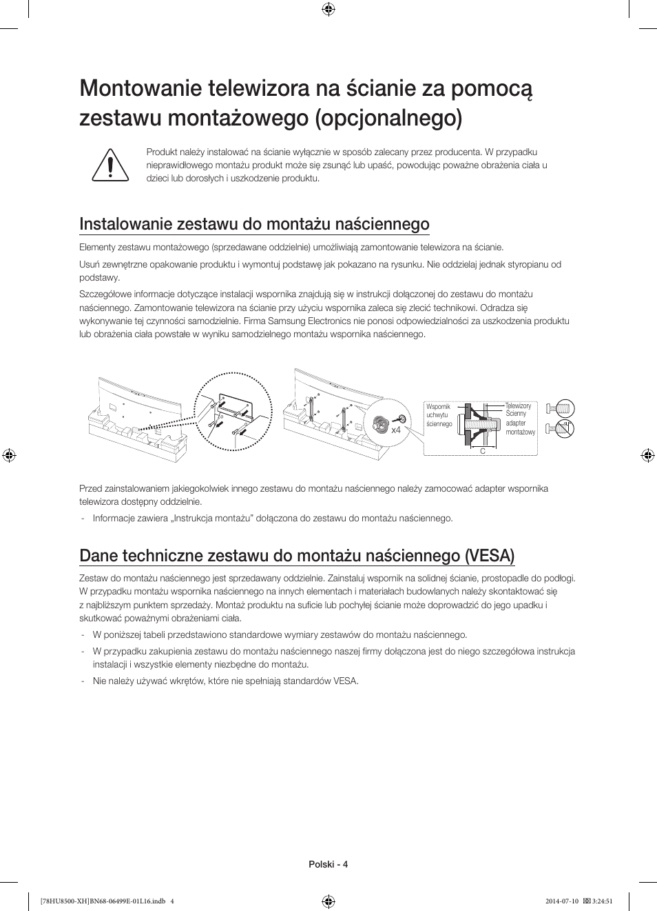 Instalowanie zestawu do montażu naściennego | Samsung UE78HU8500T User Manual | Page 52 / 385