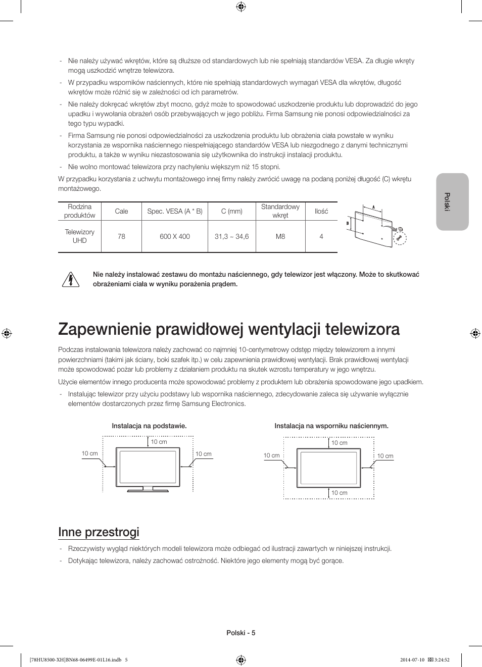 Zapewnienie prawidłowej wentylacji telewizora, Inne przestrogi | Samsung UE78HU8500T User Manual | Page 53 / 385