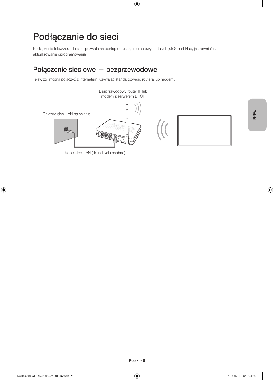 Podłączanie do sieci, Połączenie sieciowe — bezprzewodowe | Samsung UE78HU8500T User Manual | Page 57 / 385