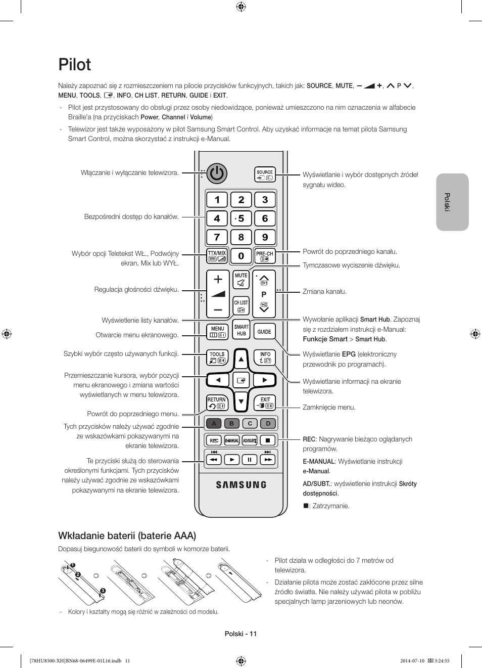 Pilot, Wkładanie baterii (baterie aaa) | Samsung UE78HU8500T User Manual | Page 59 / 385