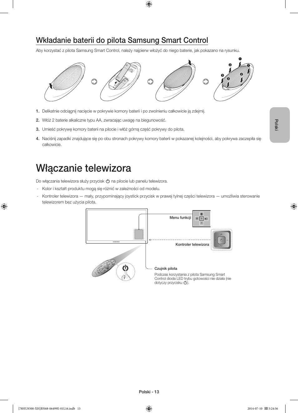 Włączanie telewizora, Wkładanie baterii do pilota samsung smart control | Samsung UE78HU8500T User Manual | Page 61 / 385