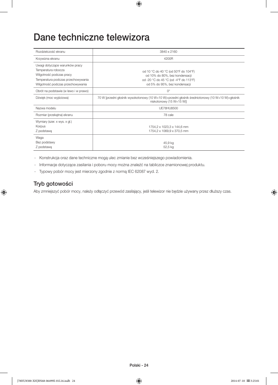 Dane techniczne telewizora, Tryb gotowości | Samsung UE78HU8500T User Manual | Page 72 / 385