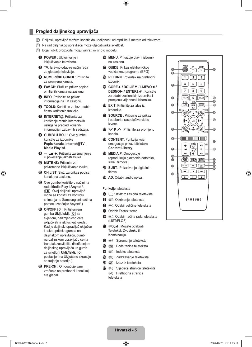 Pregled daljinskog upravljača | Samsung LE46B750U1W User Manual | Page 349 / 680