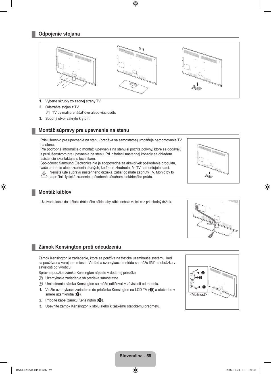 Odpojenie stojana, Montáž súpravy pre upevnenie na stenu, Montáž káblov | Zámok kensington proti odcudzeniu | Samsung LE46B750U1W User Manual | Page 535 / 680
