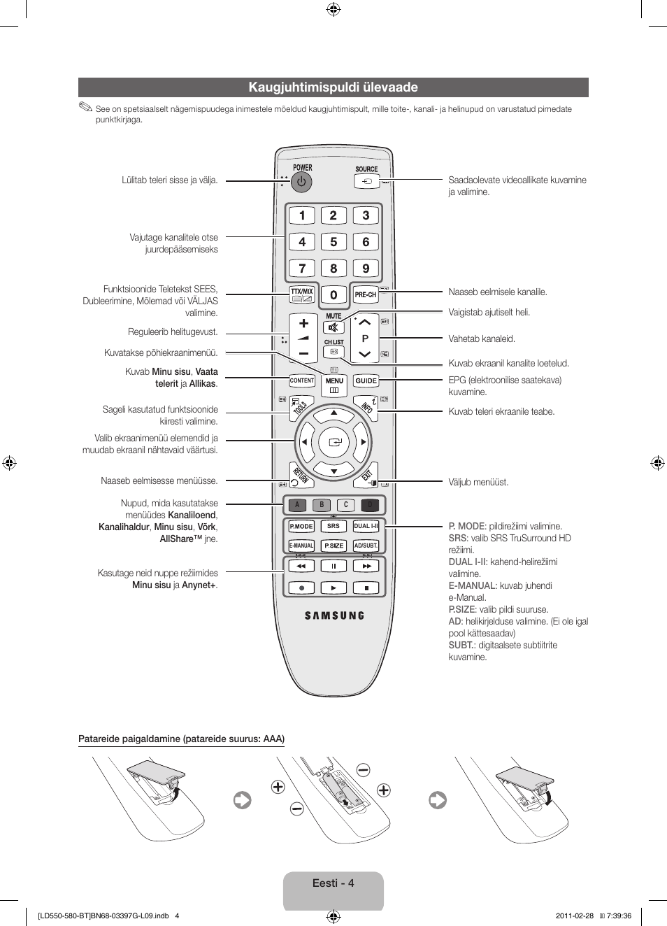 Kaugjuhtimispuldi ülevaade | Samsung LE32D550K1W User Manual | Page 100 / 145