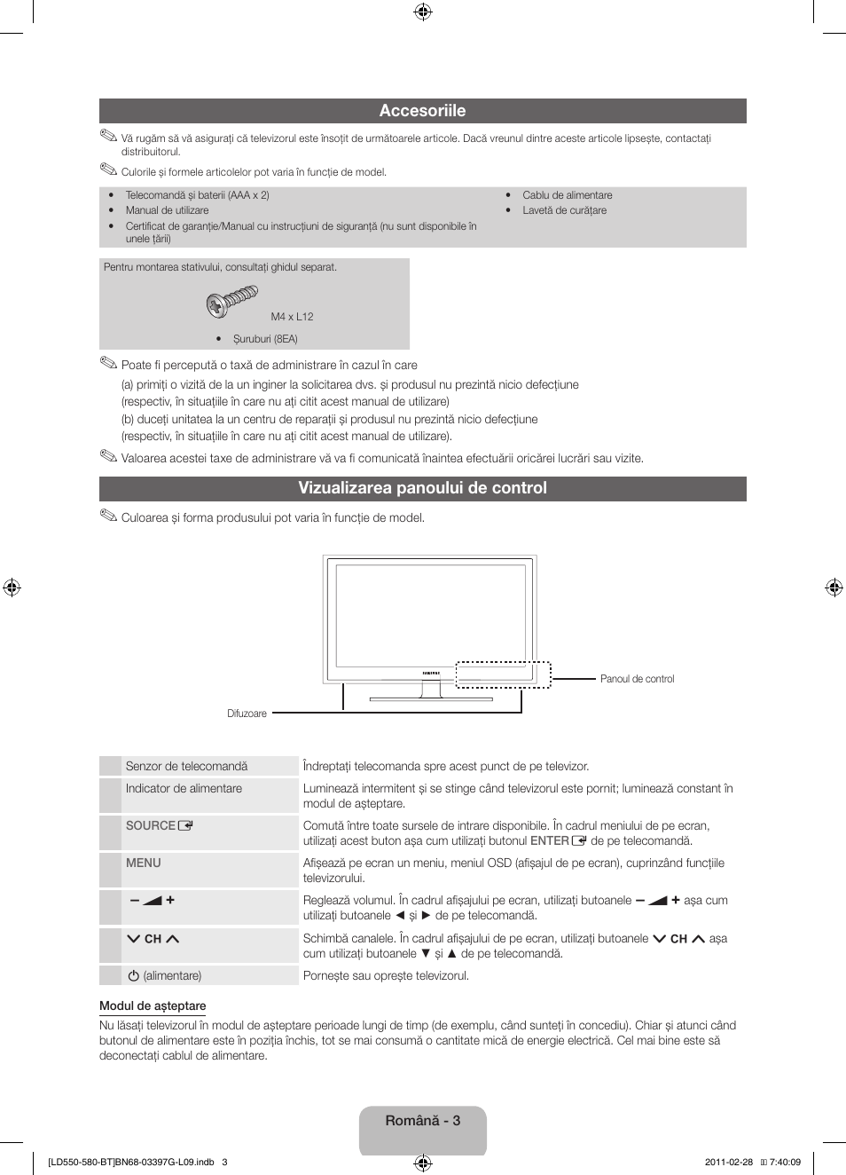 Accesoriile, Vizualizarea panoului de control | Samsung LE32D550K1W User Manual | Page 115 / 145
