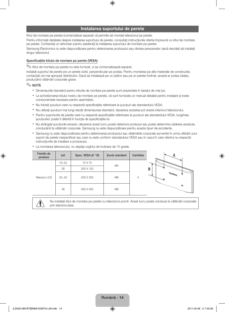 Instalarea suportului de perete | Samsung LE32D550K1W User Manual | Page 126 / 145