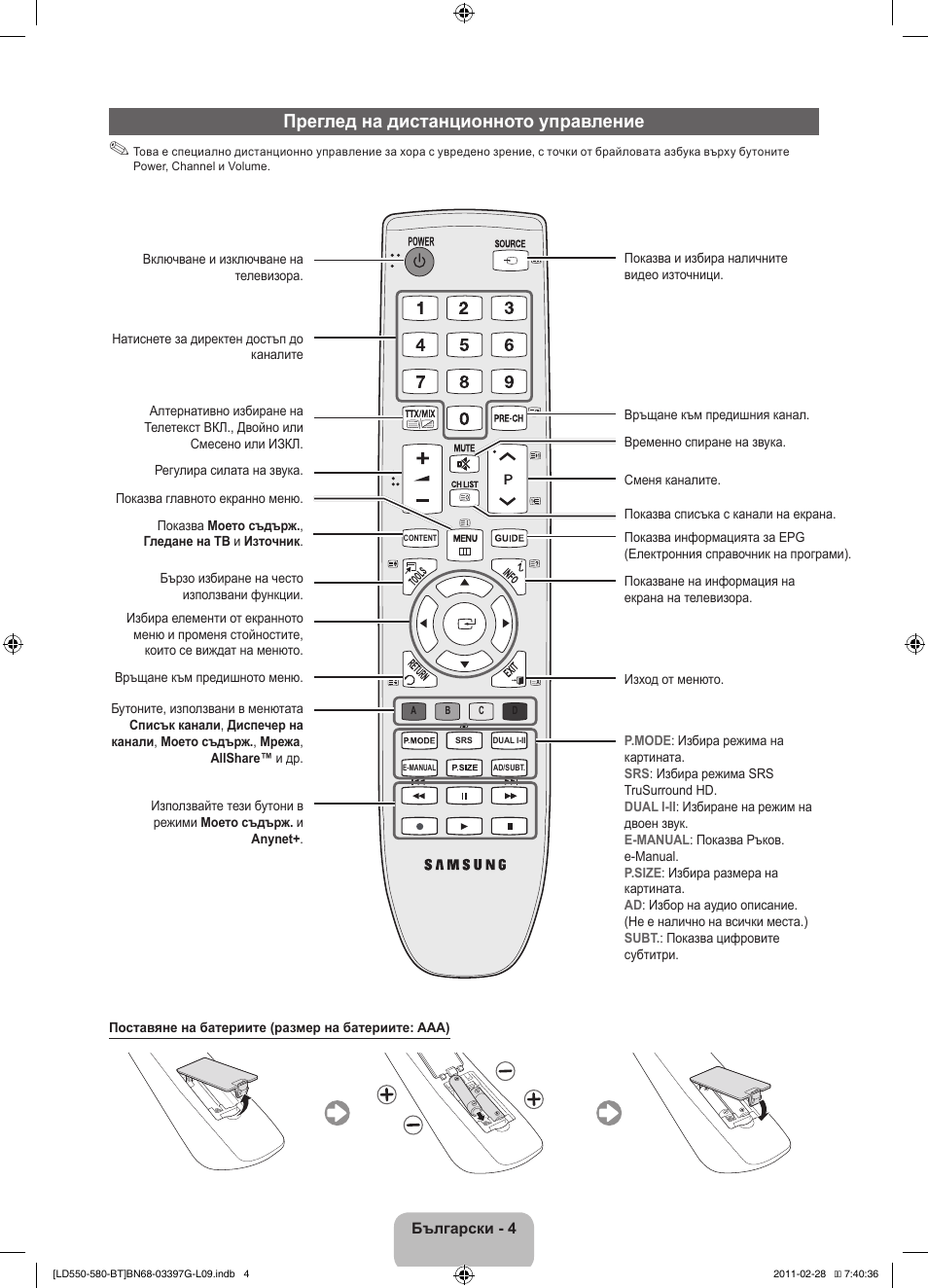 Преглед на дистанционното управление | Samsung LE32D550K1W User Manual | Page 132 / 145