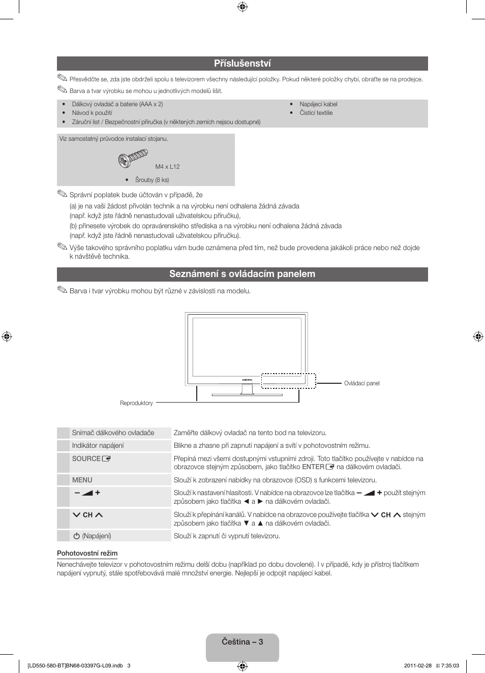 Příslušenství, Seznámení s ovládacím panelem | Samsung LE32D550K1W User Manual | Page 19 / 145