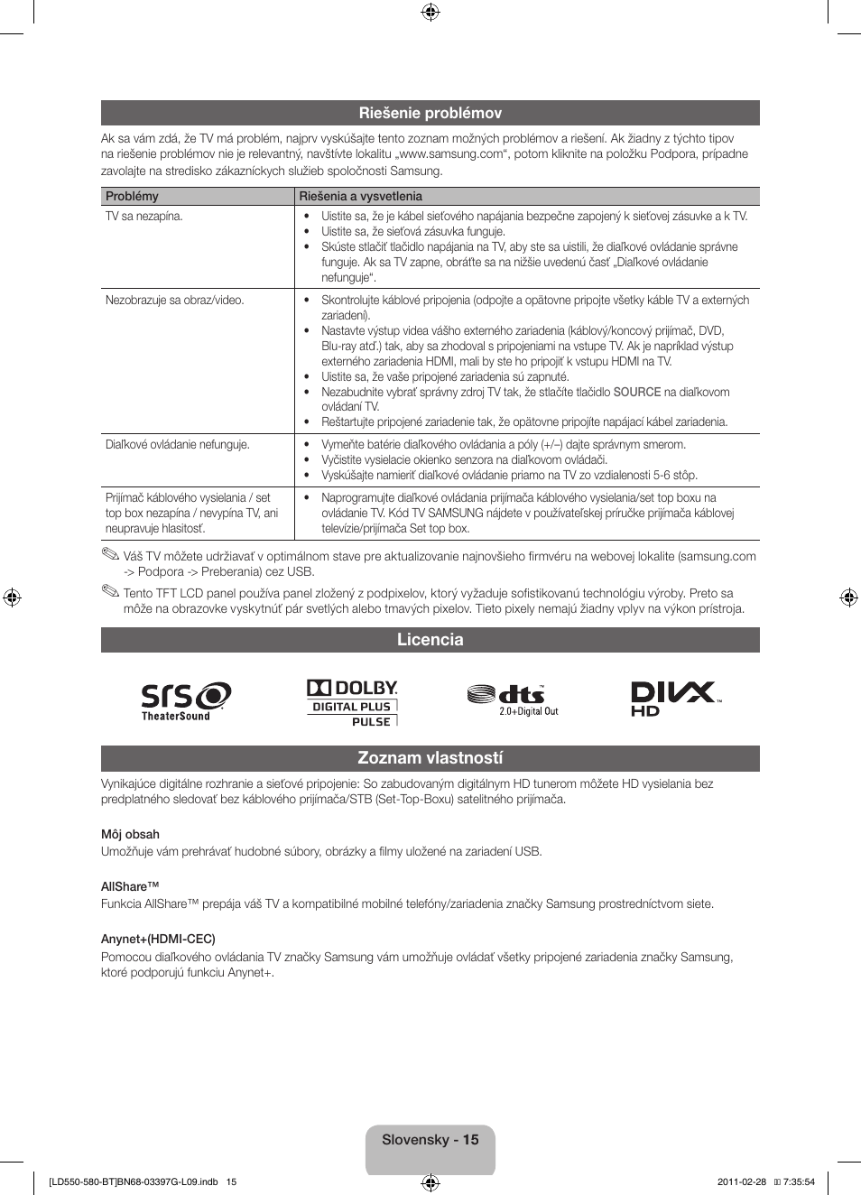Licencia zoznam vlastností | Samsung LE32D550K1W User Manual | Page 47 / 145
