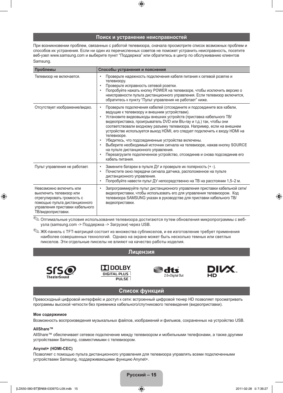 Лицензия список функций | Samsung LE32D550K1W User Manual | Page 63 / 145
