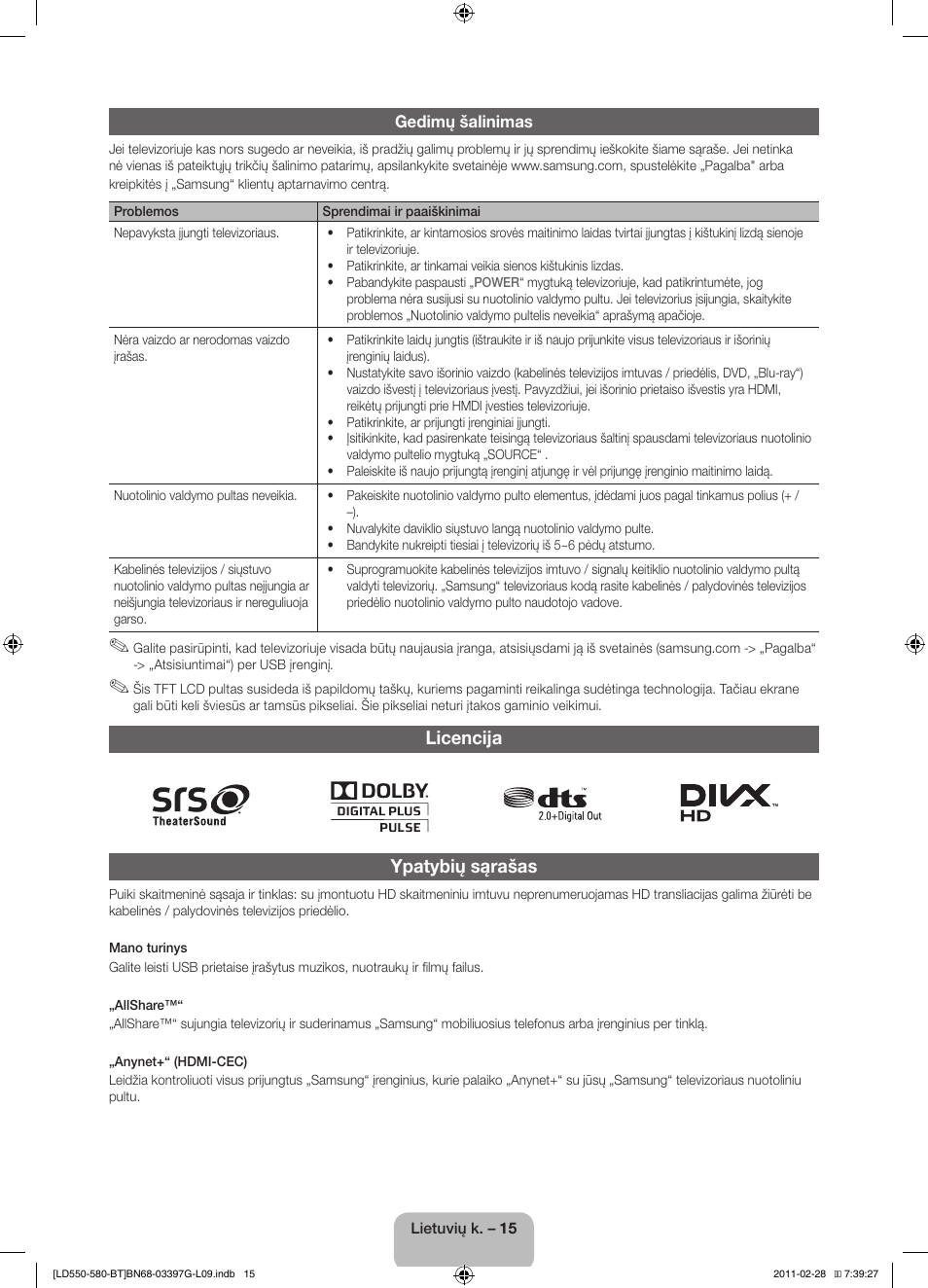 Licencija ypatybių sąrašas | Samsung LE32D550K1W User Manual | Page 95 / 145