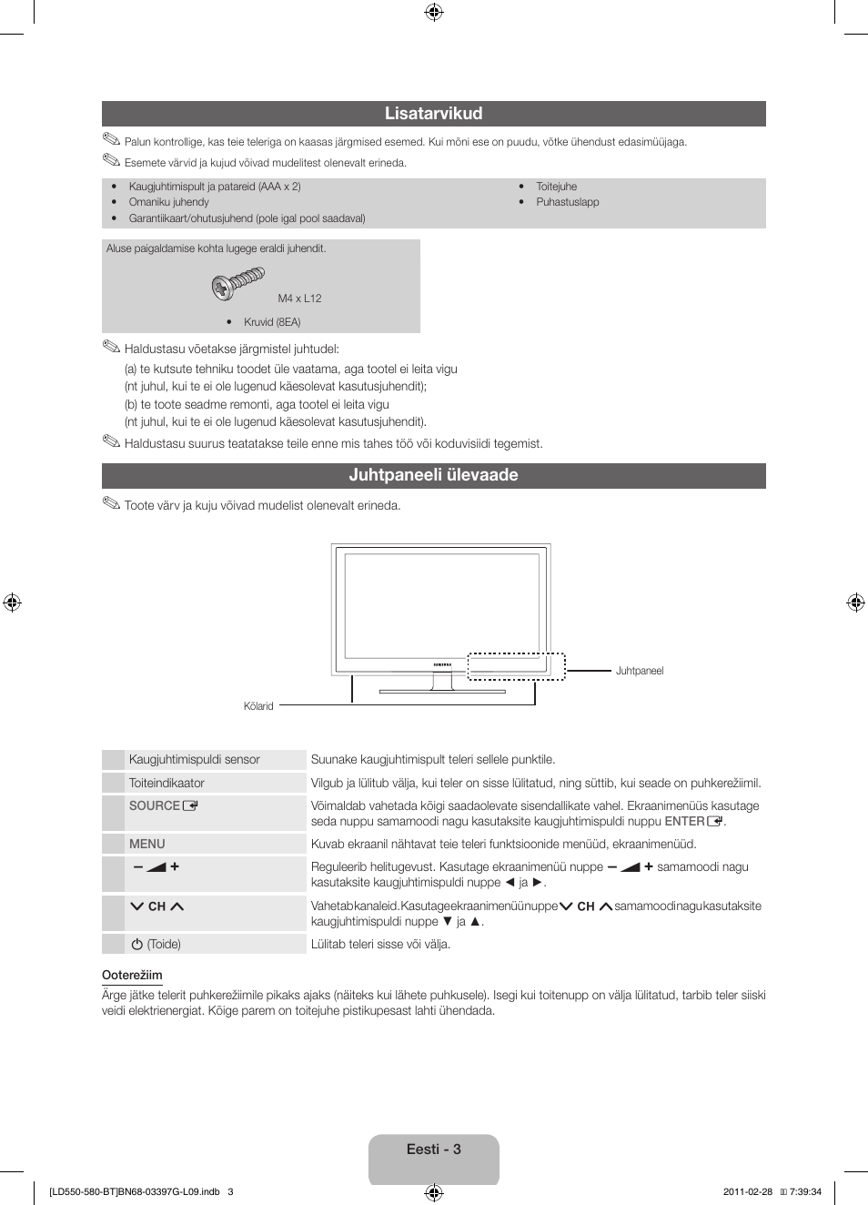 Lisatarvikud, Juhtpaneeli ülevaade | Samsung LE32D550K1W User Manual | Page 99 / 145