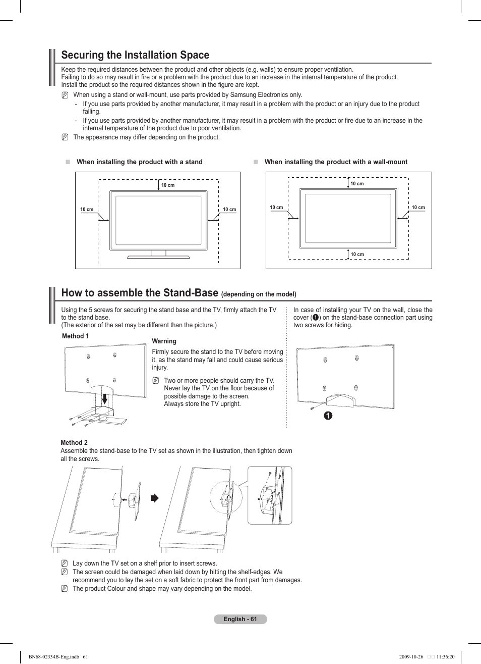 Securing the installation space, How to assemble the stand-base | Samsung PS58B850Y1W User Manual | Page 61 / 654