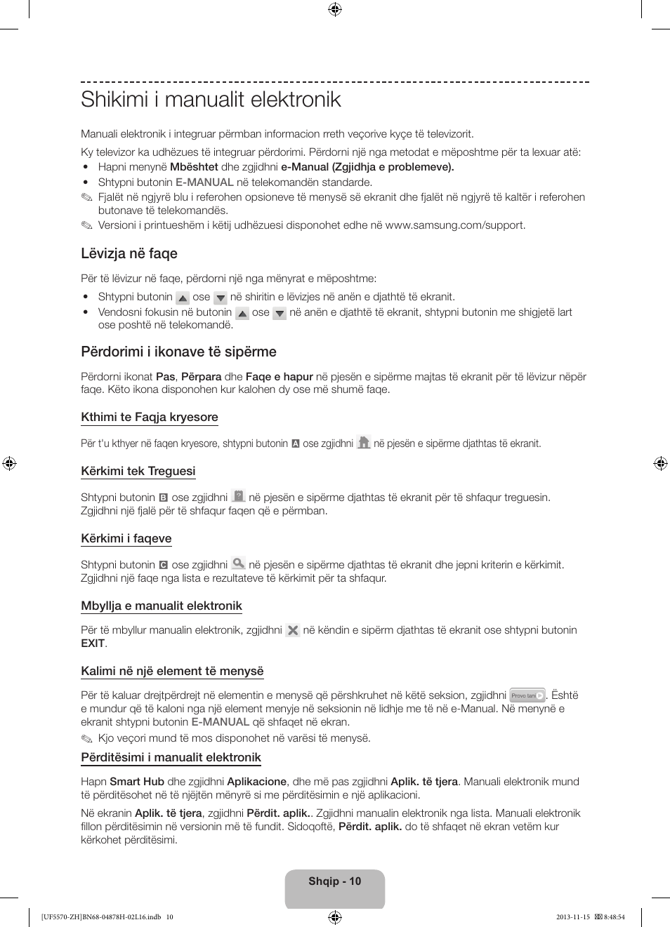 Shikimi i manualit elektronik, Lëvizja në faqe, Përdorimi i ikonave të sipërme | Samsung UE46F5570SS User Manual | Page 210 / 321