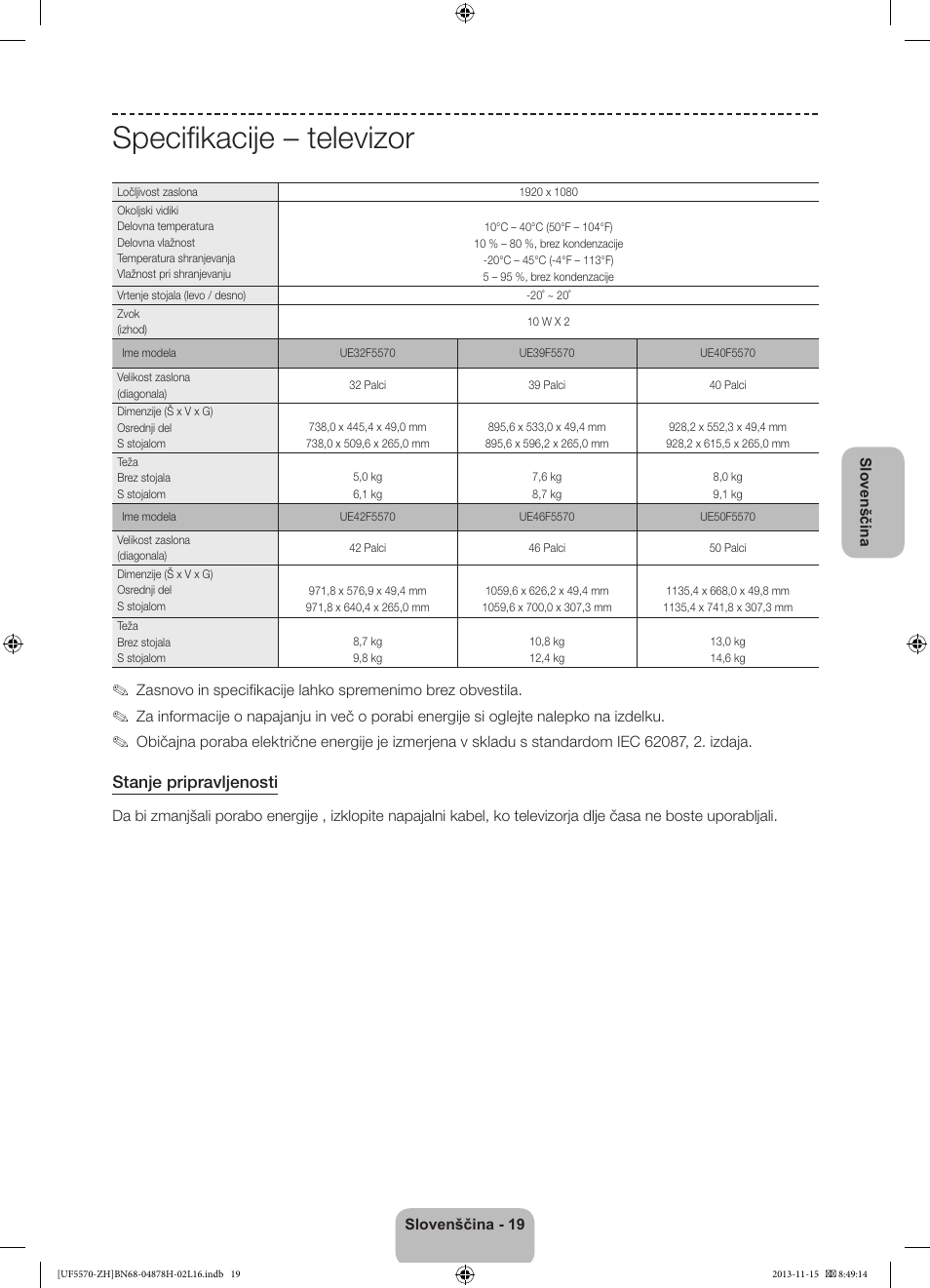 Specifikacije – televizor, Stanje pripravljenosti | Samsung UE46F5570SS User Manual | Page 259 / 321