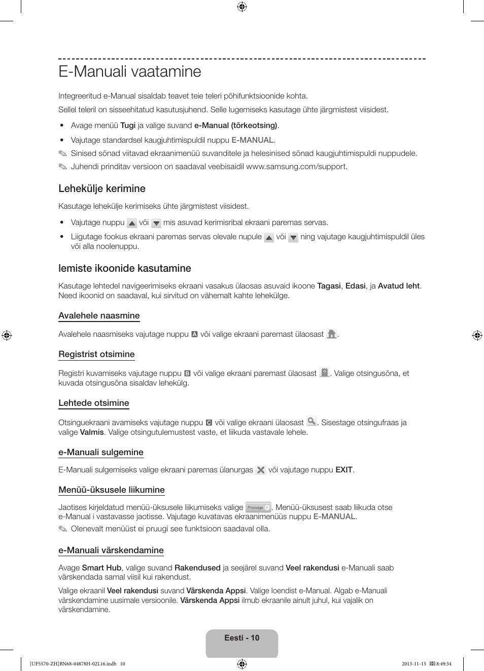 E-manuali vaatamine, Lehekülje kerimine, Lemiste ikoonide kasutamine | Samsung UE46F5570SS User Manual | Page 310 / 321
