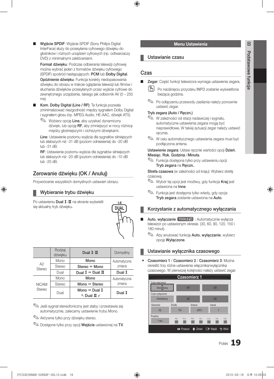 Zerowanie dźwięku (ok / anuluj), Czas | Samsung PS50C530C1W User Manual | Page 101 / 411