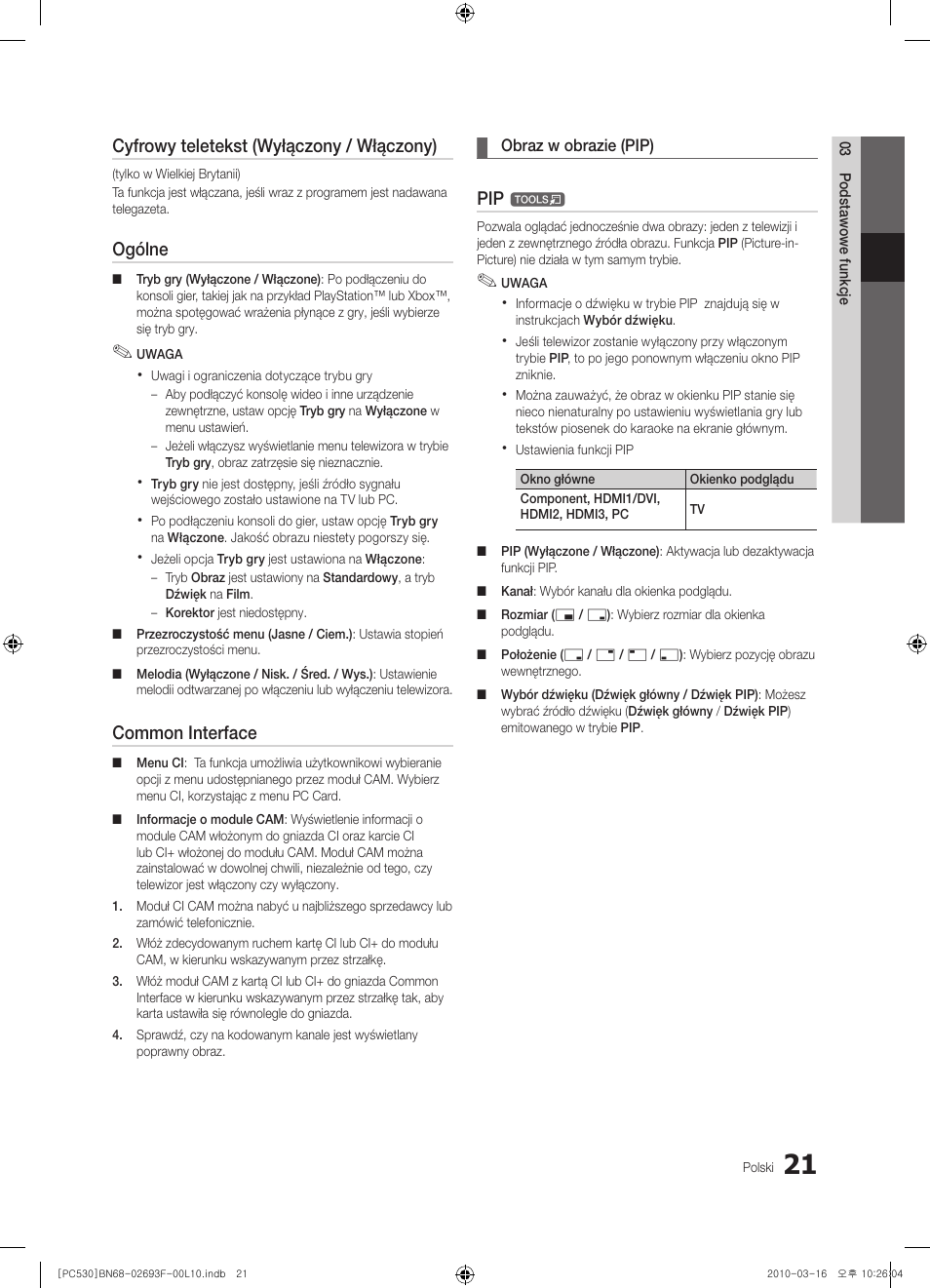 Cyfrowy teletekst (wyłączony / włączony), Ogólne, Common interface | Samsung PS50C530C1W User Manual | Page 103 / 411