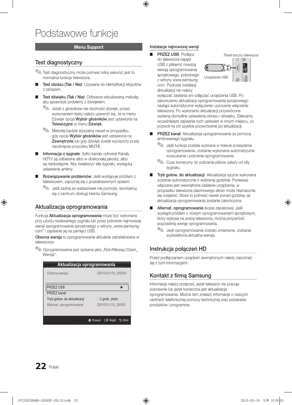 Podstawowe funkcje, Test diagnostyczny, Aktualizacja oprogramowania | Instrukcja połączeń hd, Kontakt z firmą samsung | Samsung PS50C530C1W User Manual | Page 104 / 411