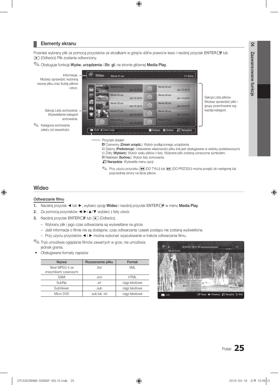 Wideo, Elementy ekranu | Samsung PS50C530C1W User Manual | Page 107 / 411