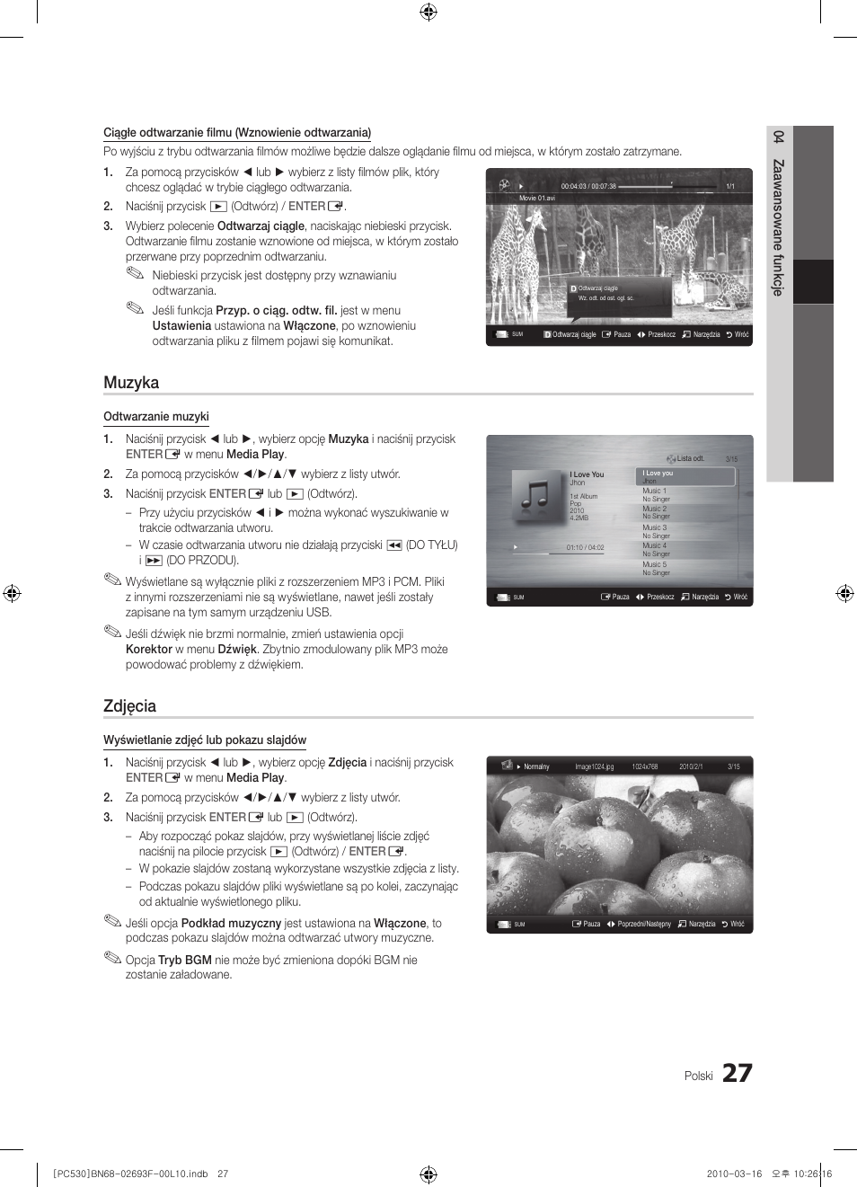 Muzyka, Zdjęcia | Samsung PS50C530C1W User Manual | Page 109 / 411