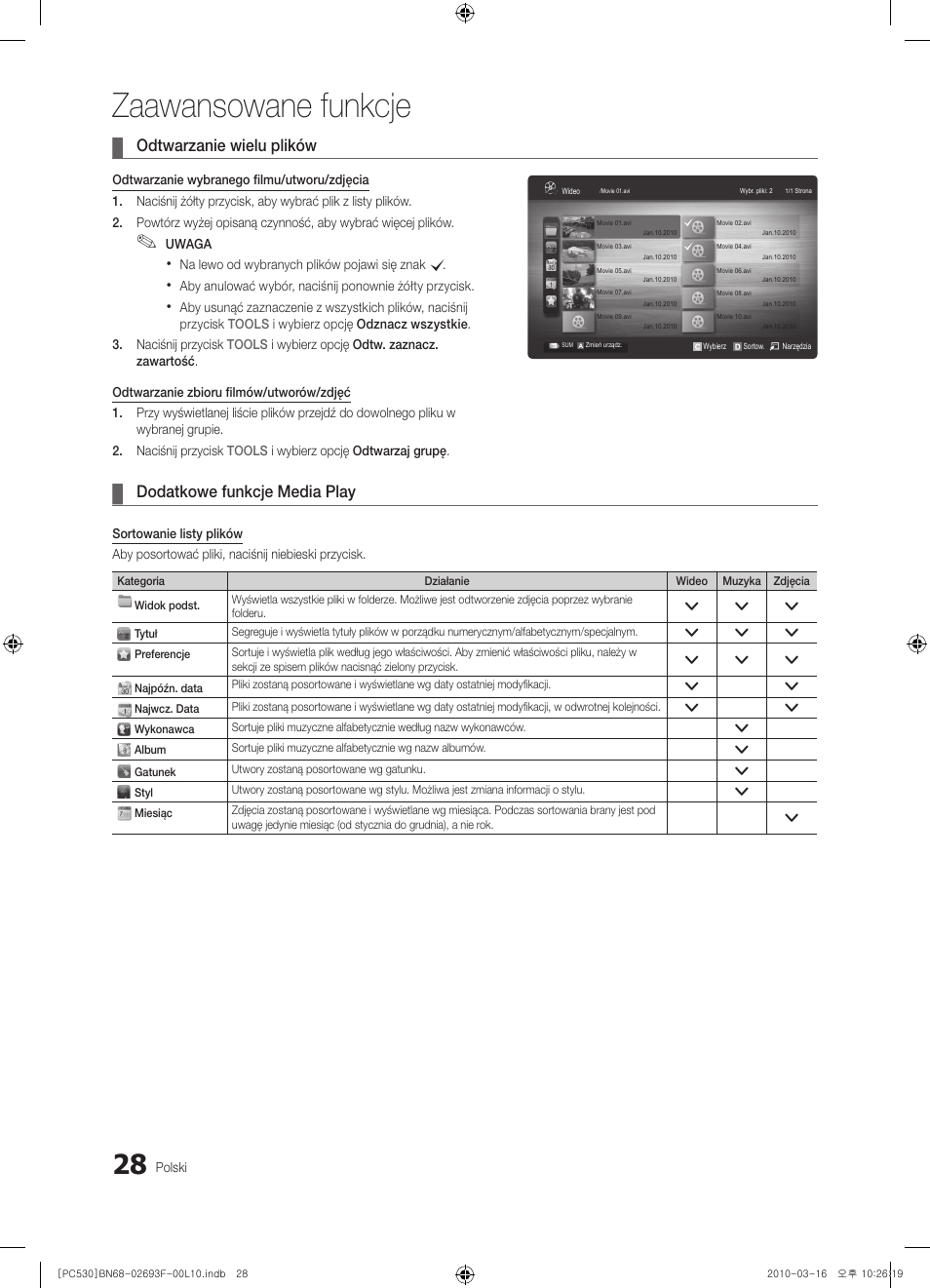 Zaawansowane funkcje, Odtwarzanie wielu plików, Dodatkowe funkcje media play | Samsung PS50C530C1W User Manual | Page 110 / 411