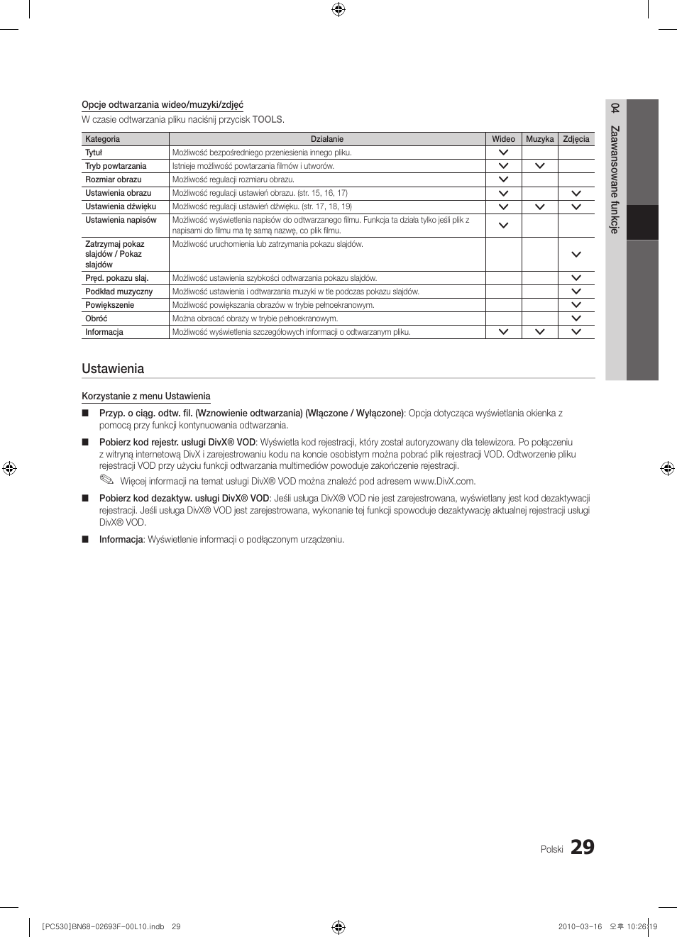 Ustawienia | Samsung PS50C530C1W User Manual | Page 111 / 411