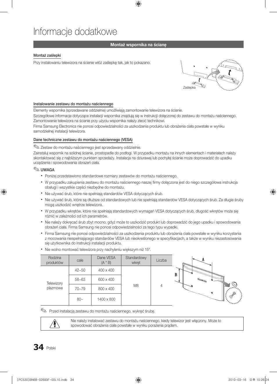 Informacje dodatkowe | Samsung PS50C530C1W User Manual | Page 116 / 411