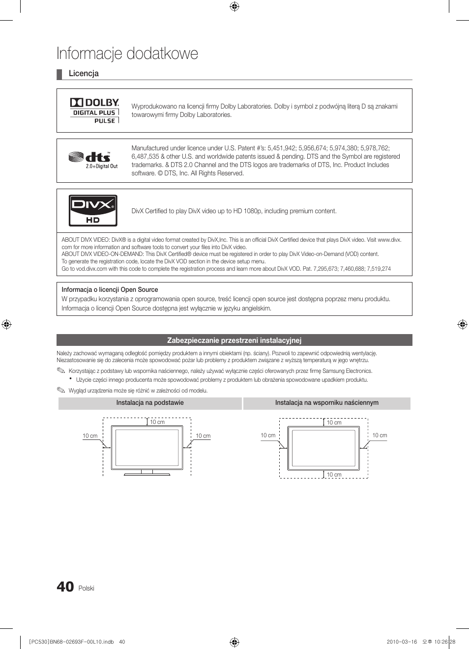 Informacje dodatkowe | Samsung PS50C530C1W User Manual | Page 122 / 411