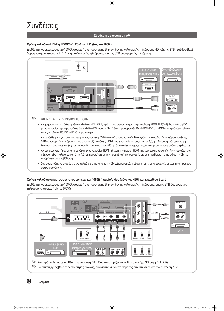 Συνδέσεις, Σύνδεση σε συσκευή av, Ελληνικά | Hdmi in 1(dvi), 2, 3, pc/dvi audio in, Vcr συσκευή dvd/συσκευή αναπαραγωγής blu-ray, Συσκευή βίντεο/ dvd | Samsung PS50C530C1W User Manual | Page 131 / 411