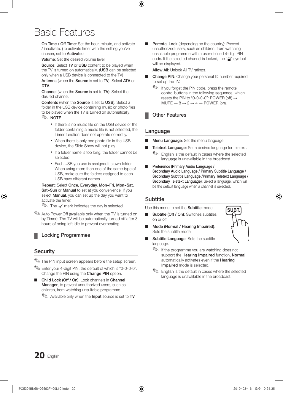 Basic features | Samsung PS50C530C1W User Manual | Page 20 / 411