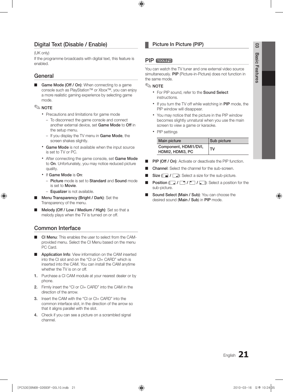 Digital text (disable / enable), General, Common interface | Samsung PS50C530C1W User Manual | Page 21 / 411