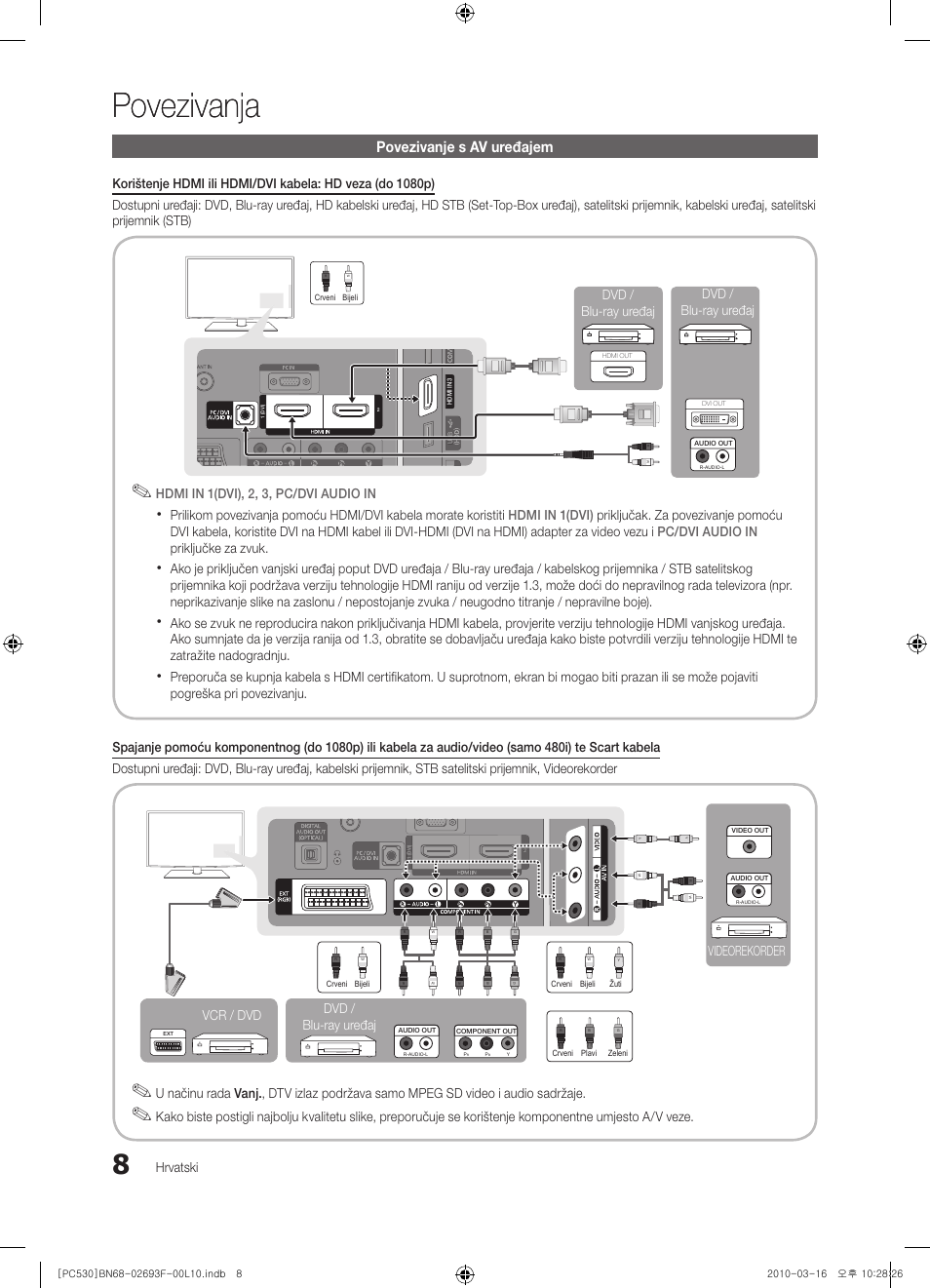 Povezivanja, Povezivanje s av uređajem, Hrvatski | Hdmi in 1(dvi), 2, 3, pc/dvi audio in, Videorekorder dvd / blu-ray uređaj, Vcr / dvd, Dvd / blu-ray uređaj dvd / blu-ray uređaj | Samsung PS50C530C1W User Manual | Page 213 / 411