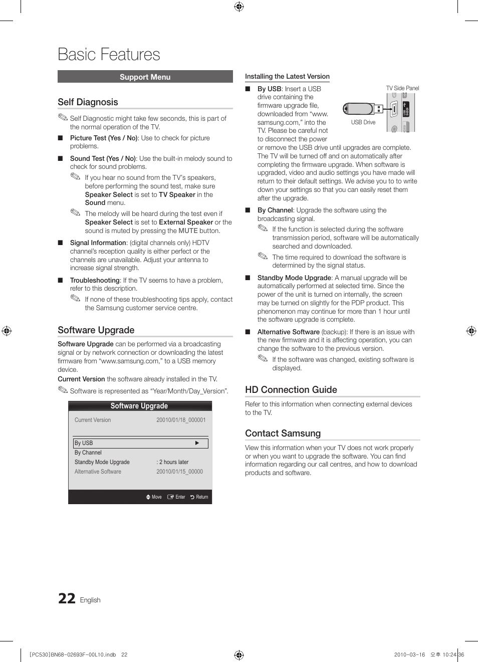 Basic features, Self diagnosis, Software upgrade | Hd connection guide, Contact samsung | Samsung PS50C530C1W User Manual | Page 22 / 411