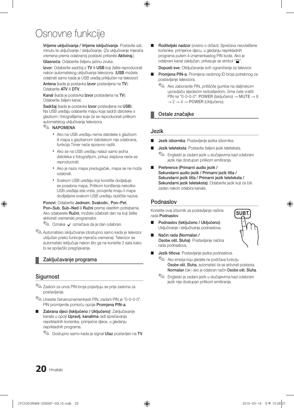 Osnovne funkcije | Samsung PS50C530C1W User Manual | Page 225 / 411