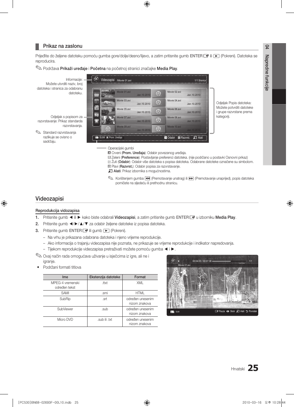 Videozapisi, Prikaz na zaslonu | Samsung PS50C530C1W User Manual | Page 230 / 411