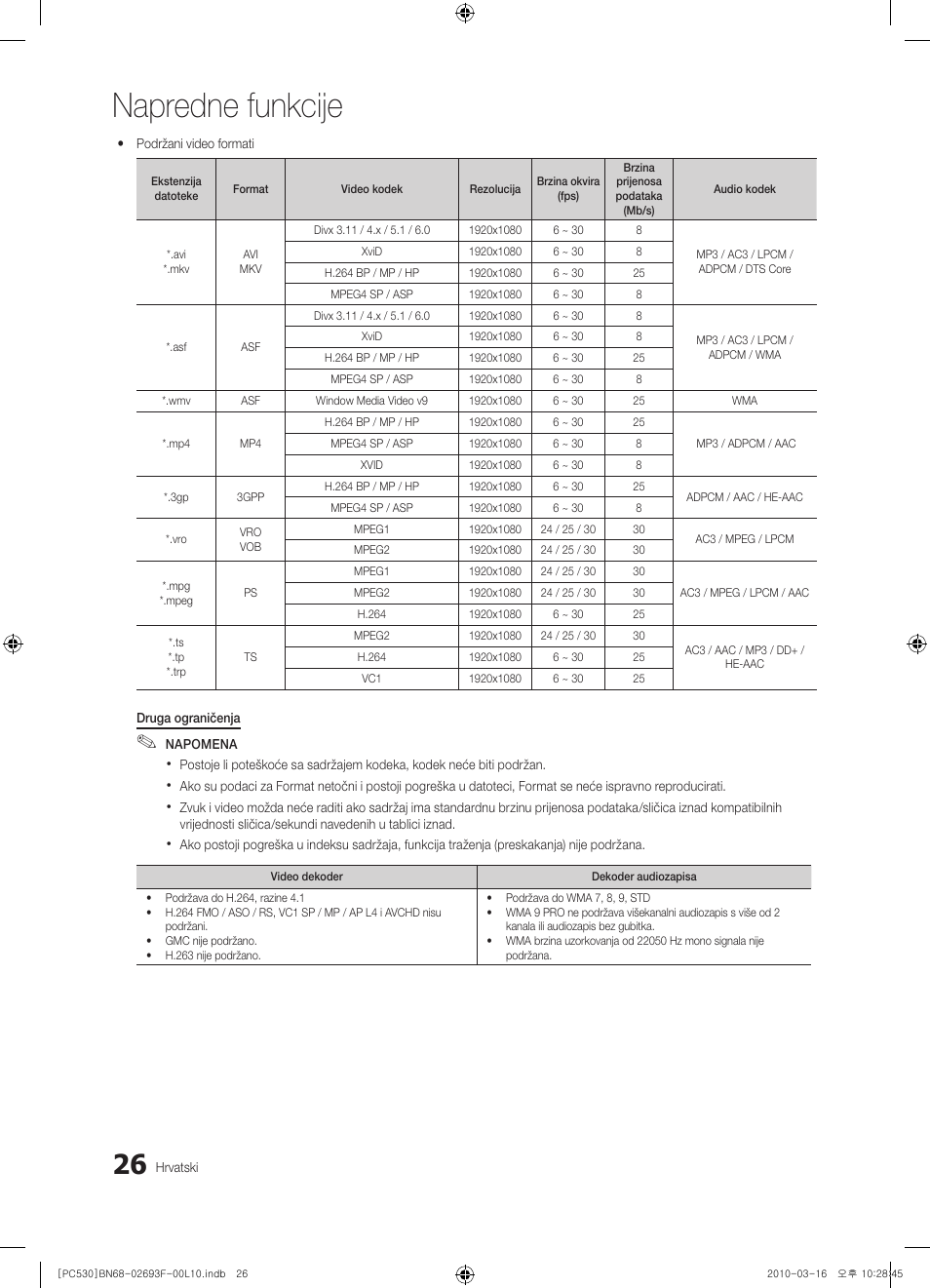 Napredne funkcije | Samsung PS50C530C1W User Manual | Page 231 / 411