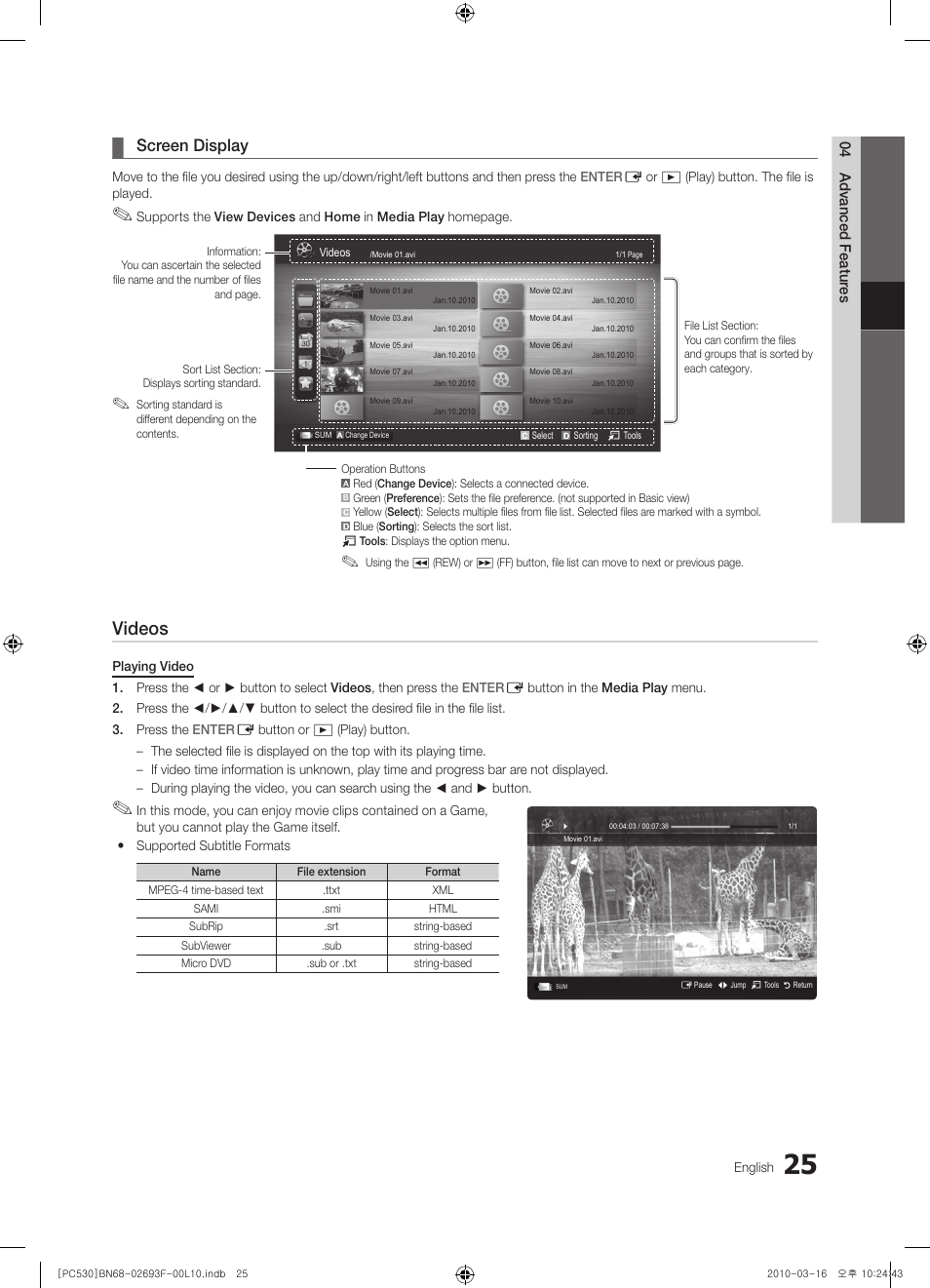 Videos, Screen display | Samsung PS50C530C1W User Manual | Page 25 / 411