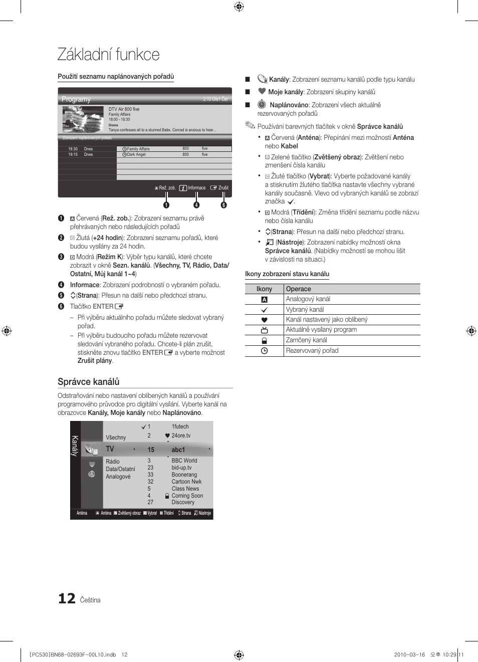 Základní funkce, Správce kanálů | Samsung PS50C530C1W User Manual | Page 258 / 411