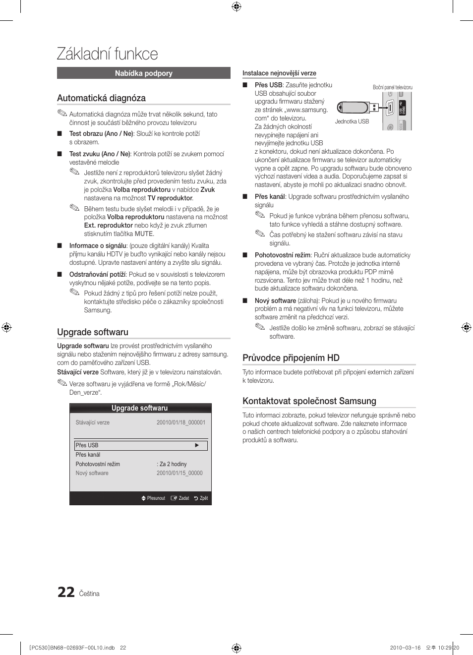 Základní funkce, Automatická diagnóza, Upgrade softwaru | Průvodce připojením hd, Kontaktovat společnost samsung | Samsung PS50C530C1W User Manual | Page 268 / 411