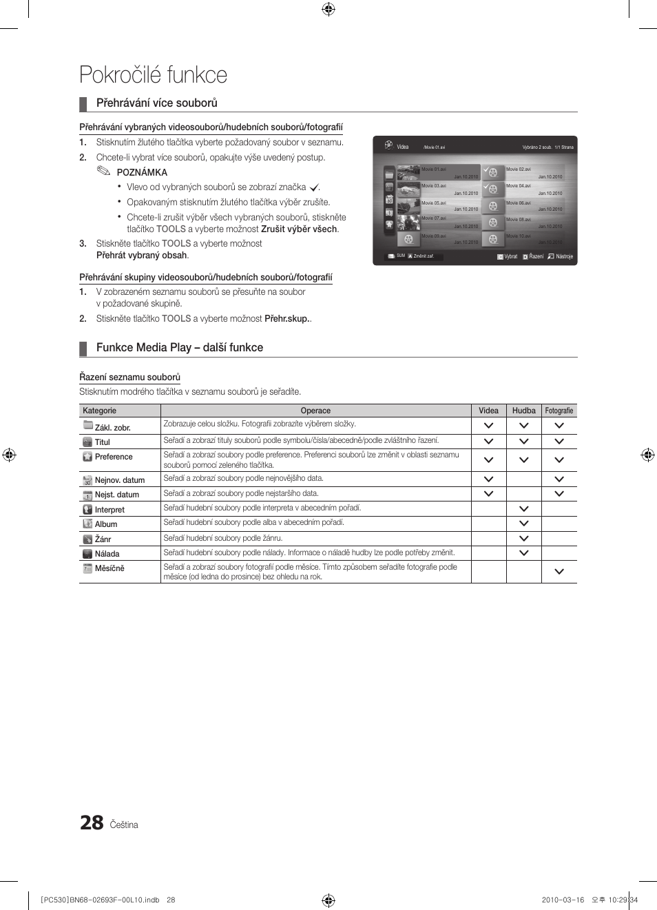 Pokročilé funkce, Přehrávání více souborů, Funkce media play – další funkce | Samsung PS50C530C1W User Manual | Page 274 / 411