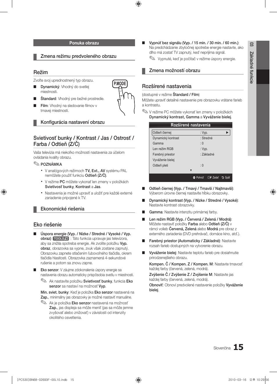 Režim, Eko riešenie, Rozšírené nastavenia | Samsung PS50C530C1W User Manual | Page 302 / 411