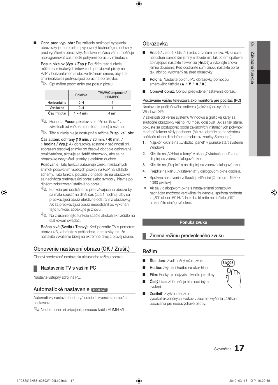 Obnovenie nastavení obrazu (ok / zrušiť), Automatické nastavenie, Obrazovka | Režim | Samsung PS50C530C1W User Manual | Page 304 / 411