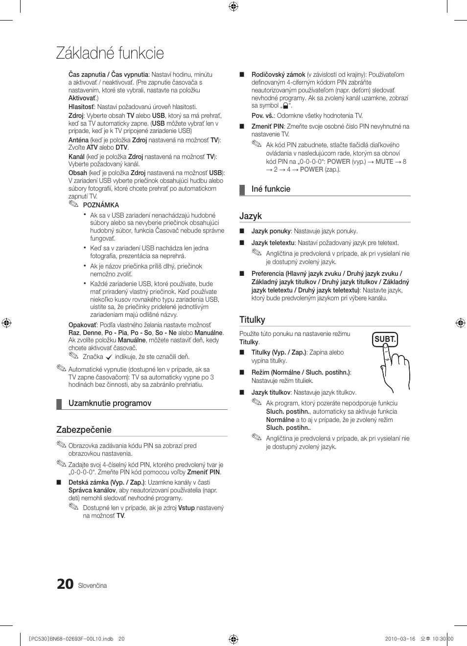 Základné funkcie, Zabezpečenie, Jazyk | Titulky | Samsung PS50C530C1W User Manual | Page 307 / 411