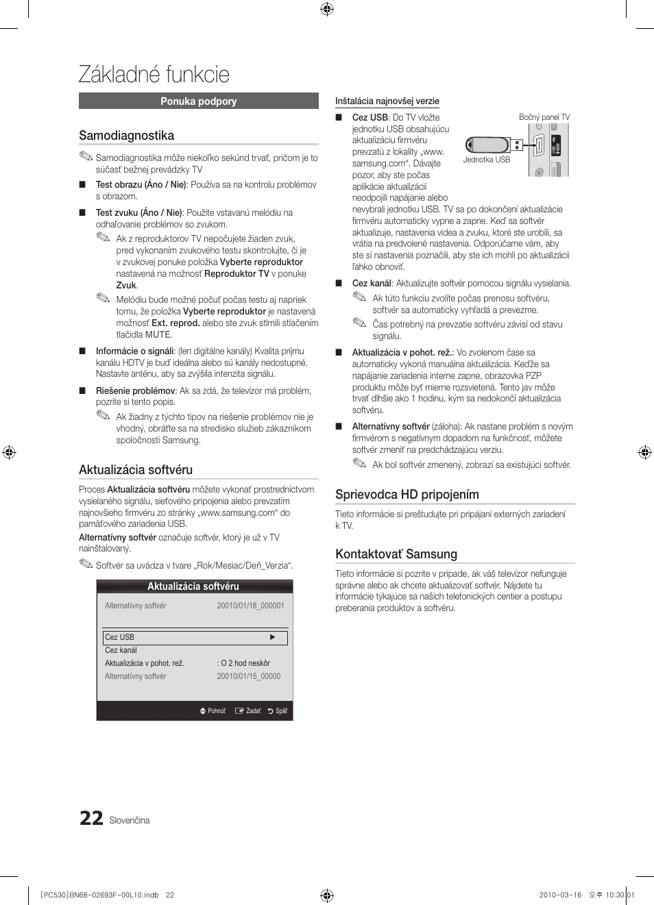 Základné funkcie, Samodiagnostika, Aktualizácia softvéru | Sprievodca hd pripojením, Kontaktovať samsung | Samsung PS50C530C1W User Manual | Page 309 / 411